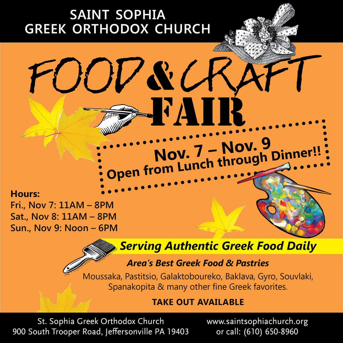 Flyer for the Saint Sophia Greek Orthodox Church Food & Craft Fair, November 7–9, 2025, in Jeffersonville, PA.
