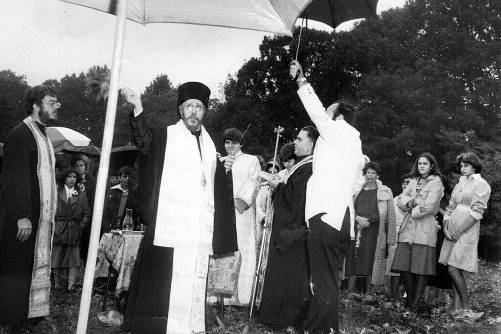 Father James Laliberte blessing the ground for St. George Greek Orthodox Church in Middletown, PA, 1978, with parishioners and community members.