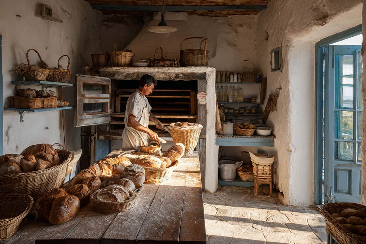 Greek baker arranging fresh loaves in a traditional island bakery with sunlight streaming through the doorway.