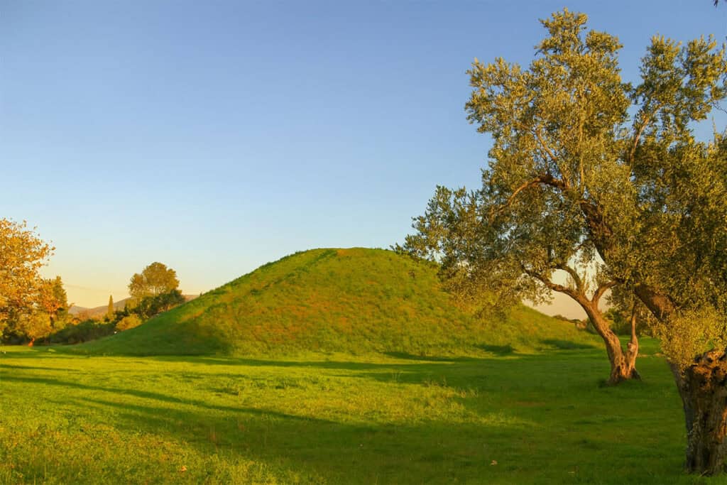 Grassy burial mound of the Athenian soldiers at Marathon, Greece, from the Battle of 490 BCE.