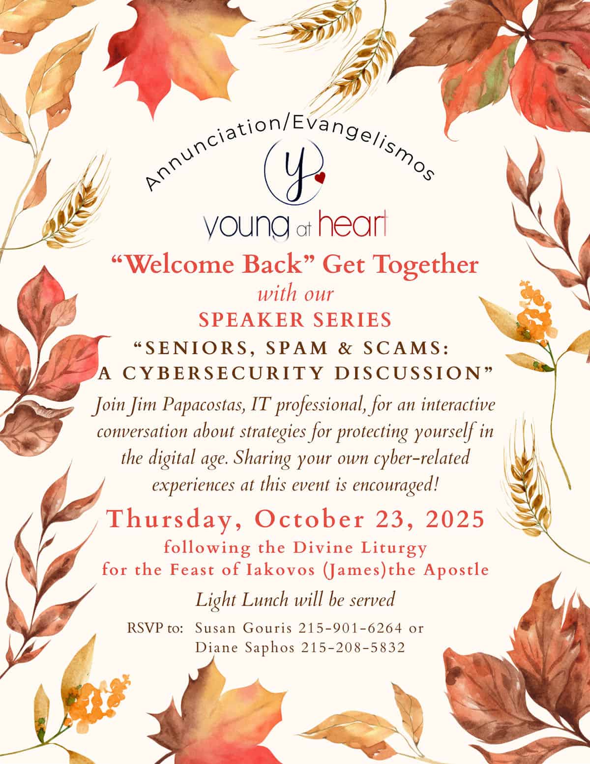 Flyer for Annunciation’s Young at Heart event on October 23, 2025, featuring a cybersecurity talk by Jim Papacostas with RSVP details.