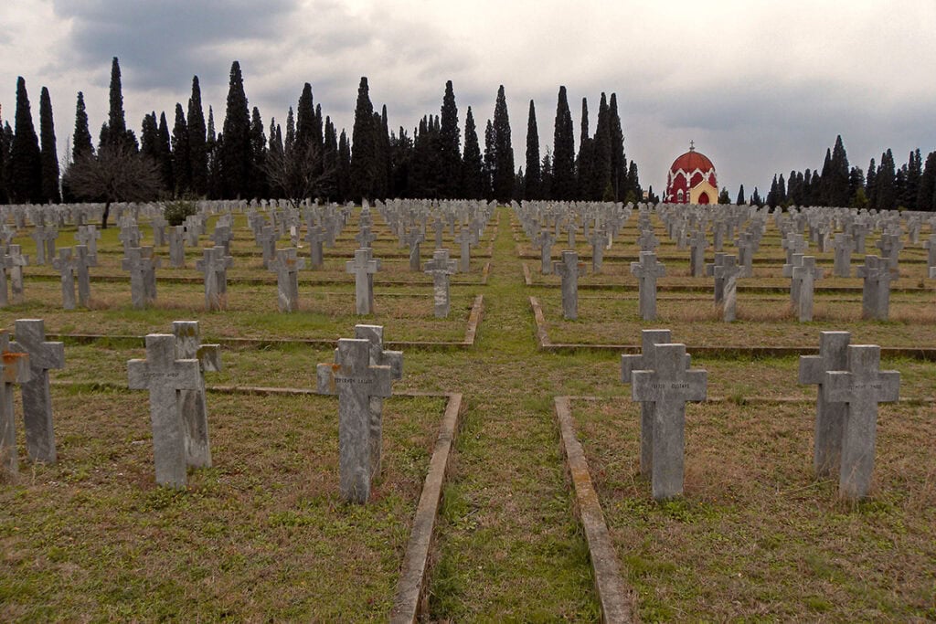 Rows of marble crosses at Zeitenlik Allied Cemetery in Thessaloniki, Greece.