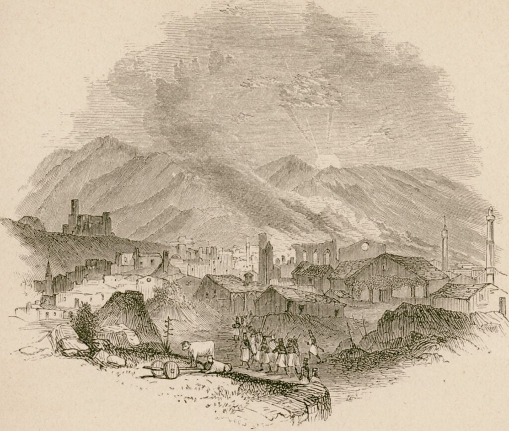 19th-century engraving of Tripolitsa after the Greek Revolution, drawn by Christopher Wordsworth during his travels in Greece in 1832–1833.