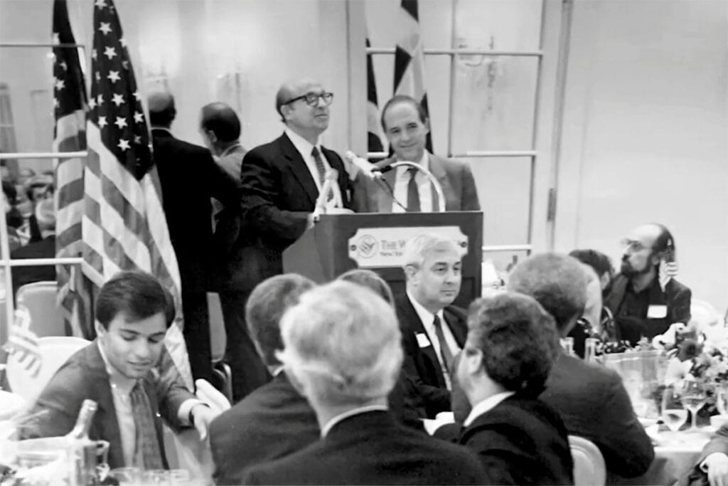 Gene Rossides speaks at an American Hellenic Institute event in New York in 1975, addressing the successful campaign for a U.S. arms embargo on Turkey and humanitarian aid to Cyprus.