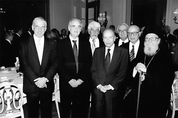 Greek Parliamentarians Yiannos Papantoniou and Apostolos Kaklamanis, HANC President Ted G. Spyropoulos, President Konstantinos Stephanopoulos, AHI-Athens President Ilias Malevitis, AHI President Gene Rossides, and Archbishop Demetrios at the inaugural AHI-Athens Hellenic Heritage and National Public Service Awards Dinner, June 7, 2005.