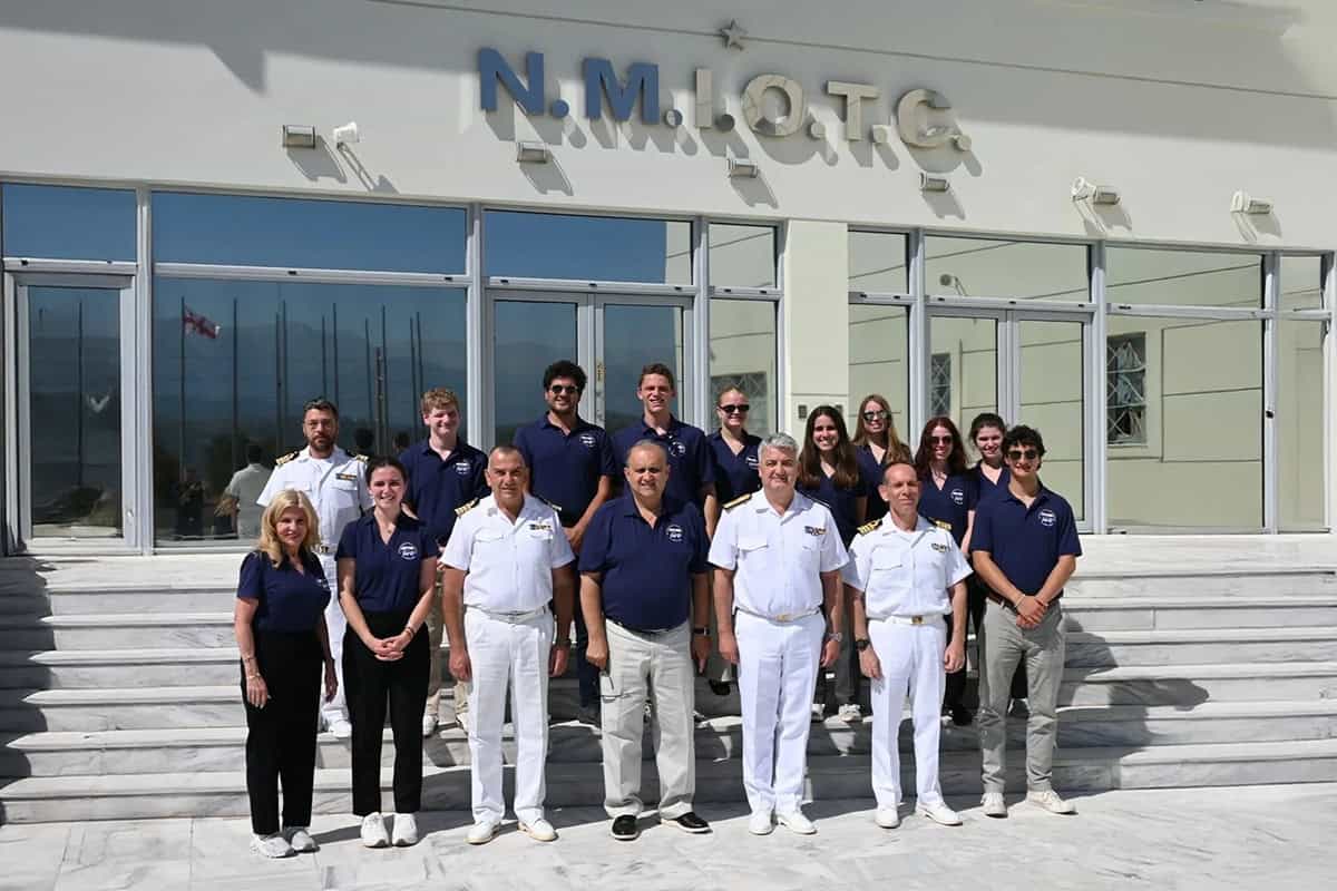 The American Hellenic Institute Foundation student delegation in front of the NATO Maritime Interdiction Operational Training Center (NMIOTC) in Crete.