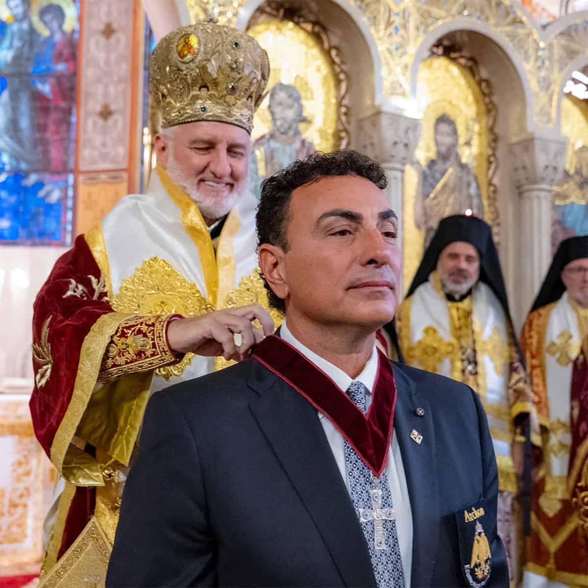John A. Aivazoglou, Esq. is invested by Archbishop Elpidophoros of America at the Archdiocesan Cathedral of the Holy Trinity.