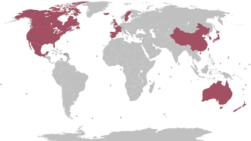 World map showing Costco’s global locations in North America, Europe, Asia, and Oceania.
