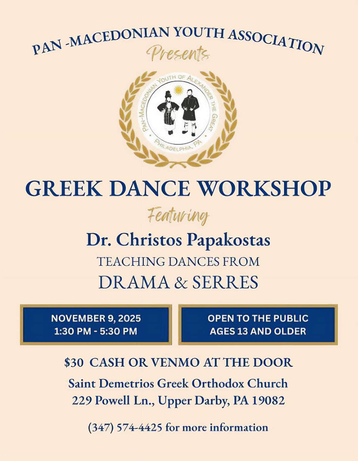 Flyer for Greek Dance Workshop with Dr Christos Papakostas hosted by the Pan Macedonian Youth Association at Saint Demetrios in Upper Darby