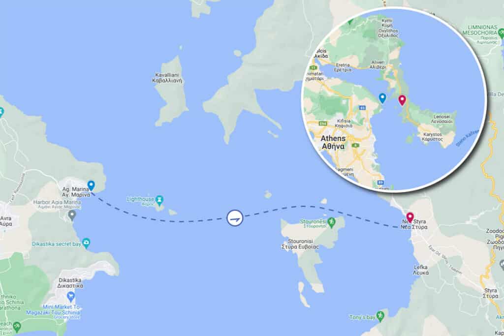 Map showing Agia Marina and Nea Styra with the approximate location of the SS Heimara wreck in the South Euboean Gulf