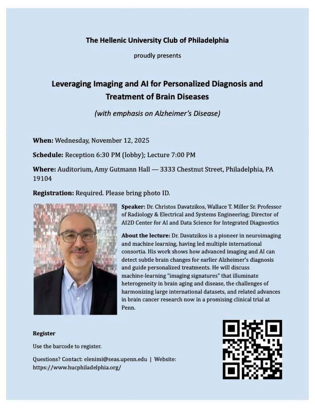 Flyer for Hellenic University Club of Philadelphia event on AI and Alzheimer’s Disease with Dr. Christos Davatzikos