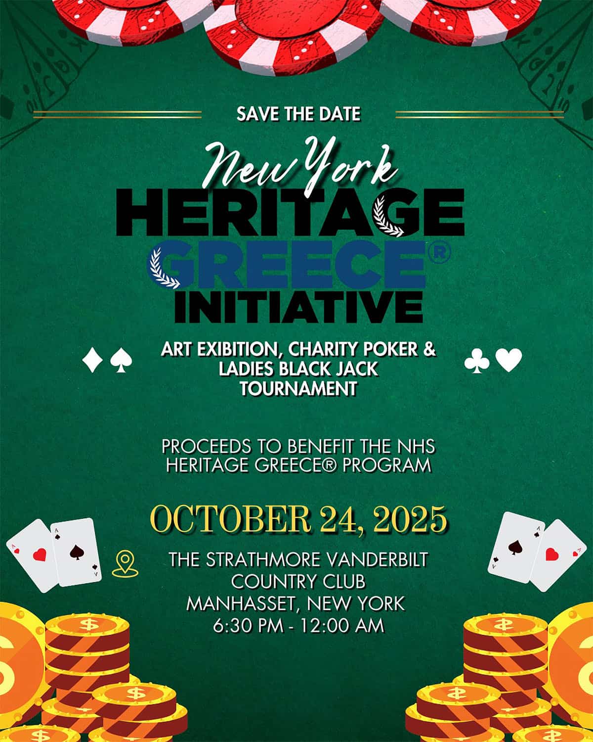 Flyer for the New York Heritage Greece® Initiative fundraiser featuring an art exhibition, charity poker, and ladies blackjack tournament on October 24, 2025, at the Strathmore Vanderbilt Country Club in Manhasset, New York.