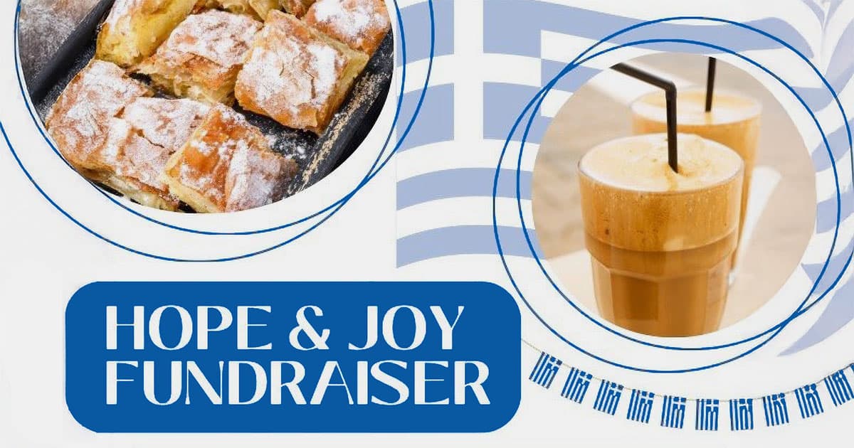 Frappe and bougatsa shown on the flyer for the HOPE and JOY fundraiser at Holy Trinity Greek Orthodox Cathedral in Wilmington, Delaware.
