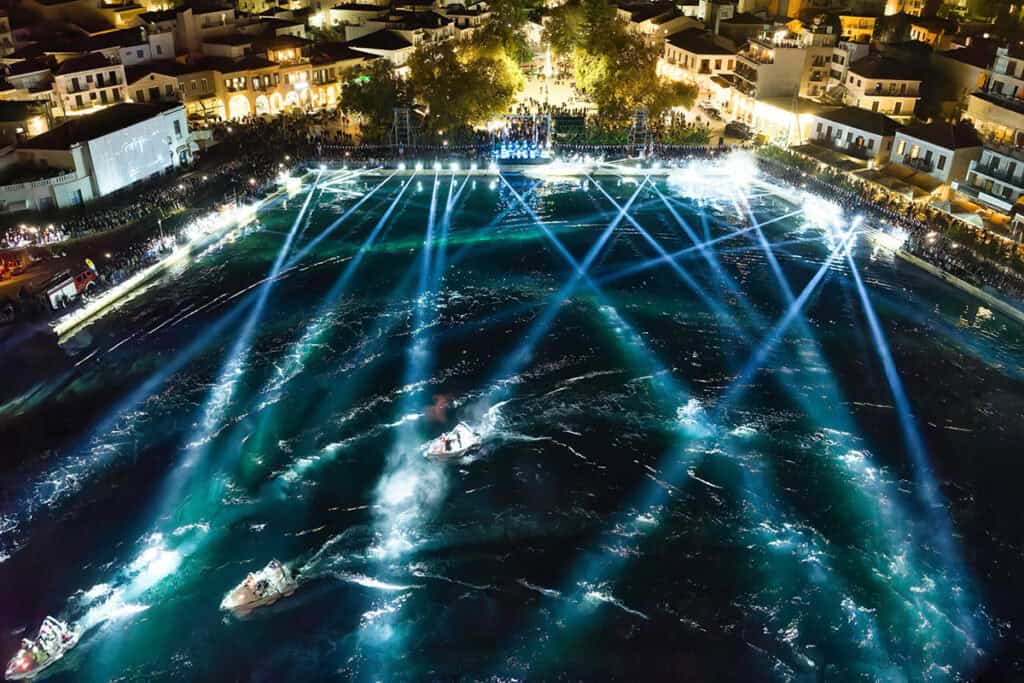 Aerial night view of Navarino Bay during the 2024 Navarinia reenactment in Pylos
