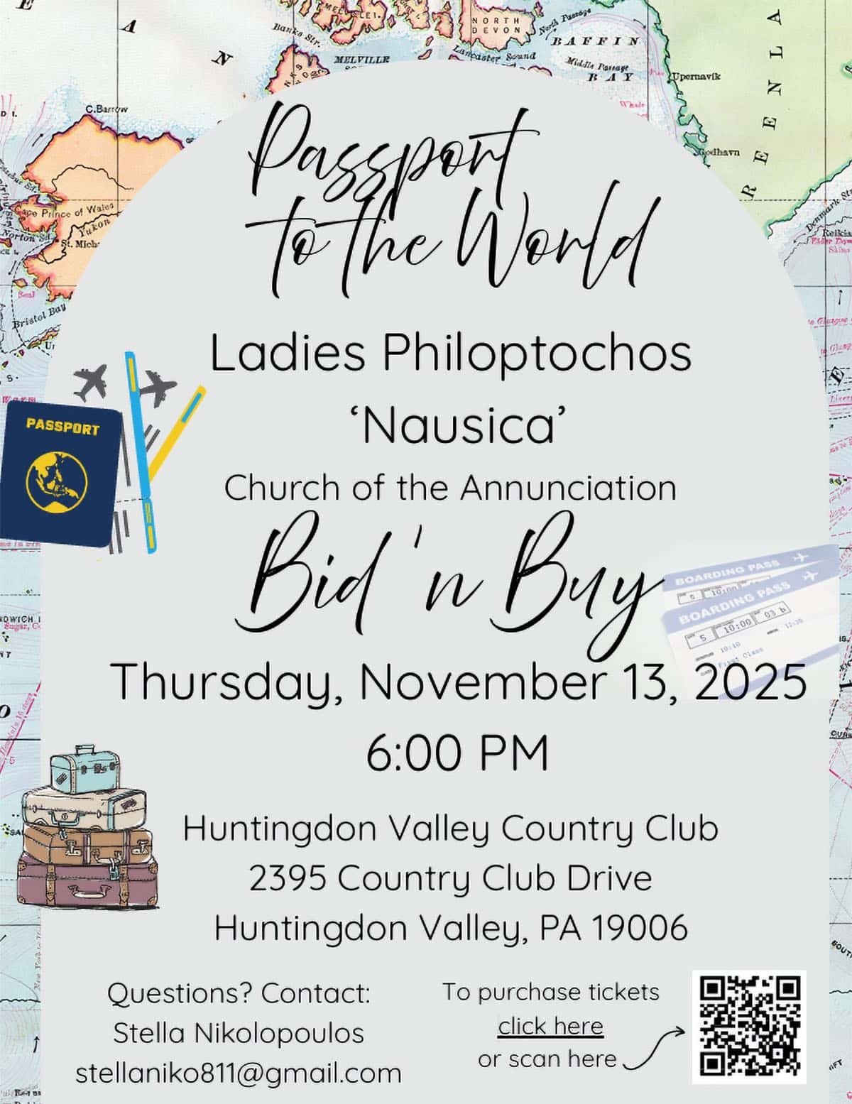 Flyer for the Ladies Philoptochos Society “Nausica” Bid ‘n Buy, Passport to the World theme, November 13, 2025, at Huntingdon Valley Country Club