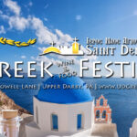 Saint Demetrios Greek Wine and Food Festival banner with Santorini background and event details