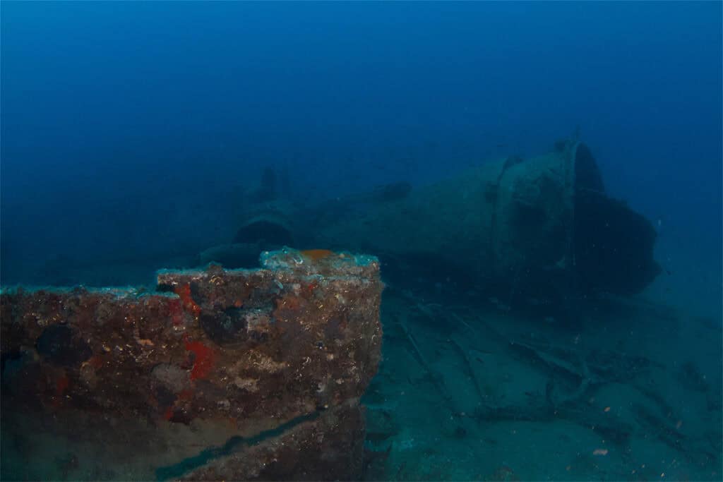 Remains of the SS Heimara’s funnel lying on the seabed in the South Euboean Gulf