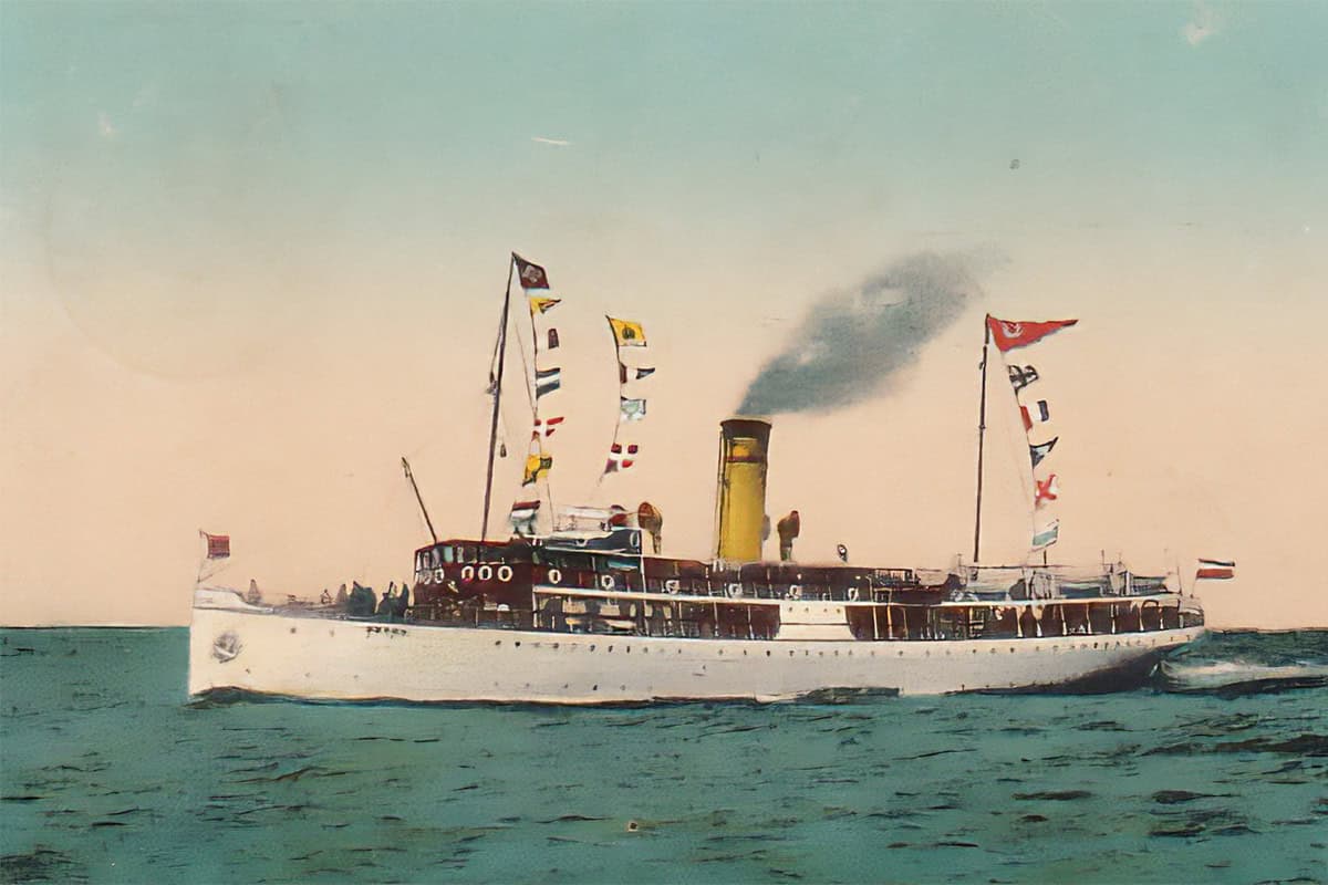 SS Hertha (later SS Heimara) sailing decorated with flags in 1905