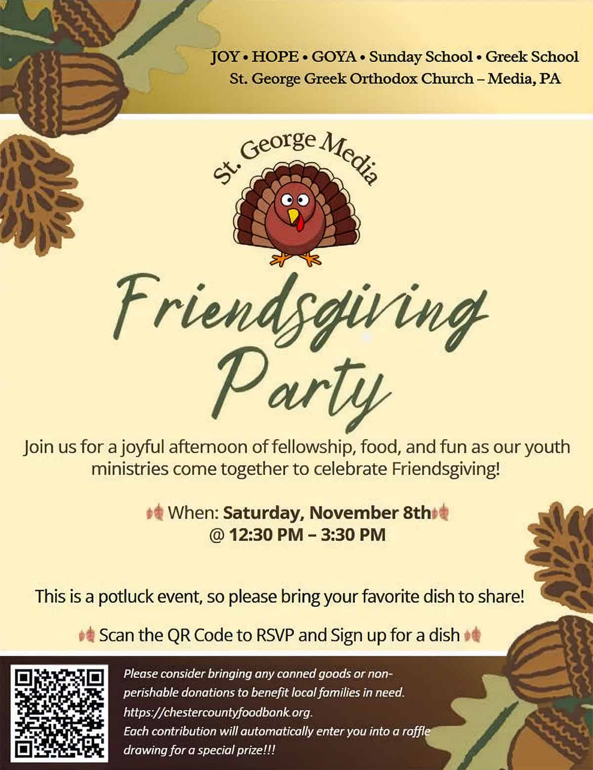 Flyer for St. George Greek Orthodox Church Friendsgiving Party, November 8, 2025, organized by JOY, HOPE, GOYA, Sunday School, and Greek School in Media, PA.
