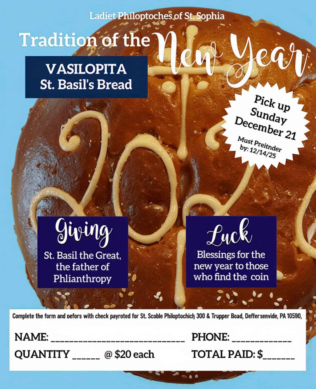 Flyer for the 2025 Vasilopita sale by St. Sophia Philoptochos in Jeffersonville, Pennsylvania