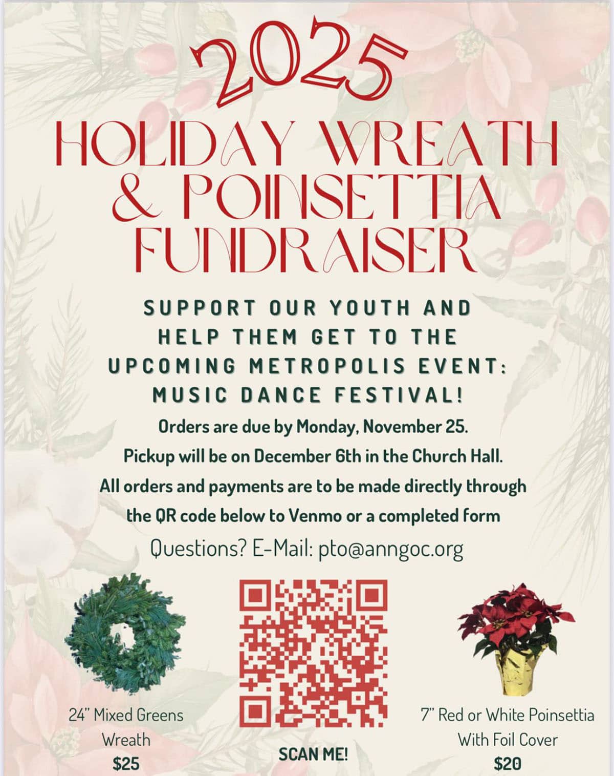 Holiday wreath and poinsettia fundraiser flyer from Annunciation Greek Orthodox Church in Elkins Park
