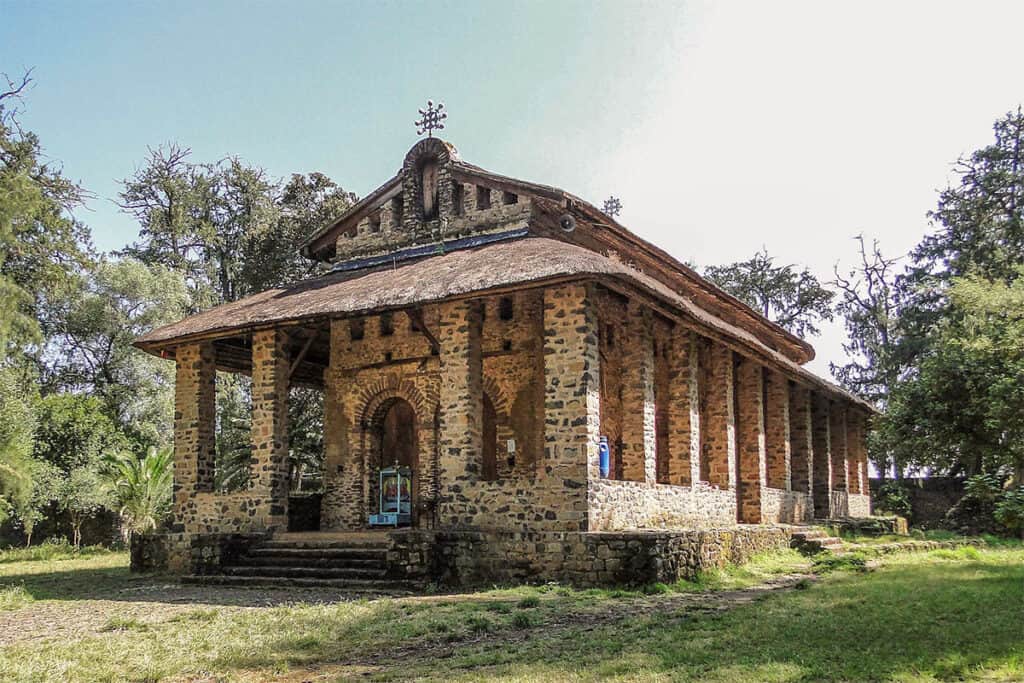 Exterior of Debre Berhan Selassie Church in Gondar, Ethiopia, one of the historic churches linked to the era of Greek craftsmen in the eighteenth century.