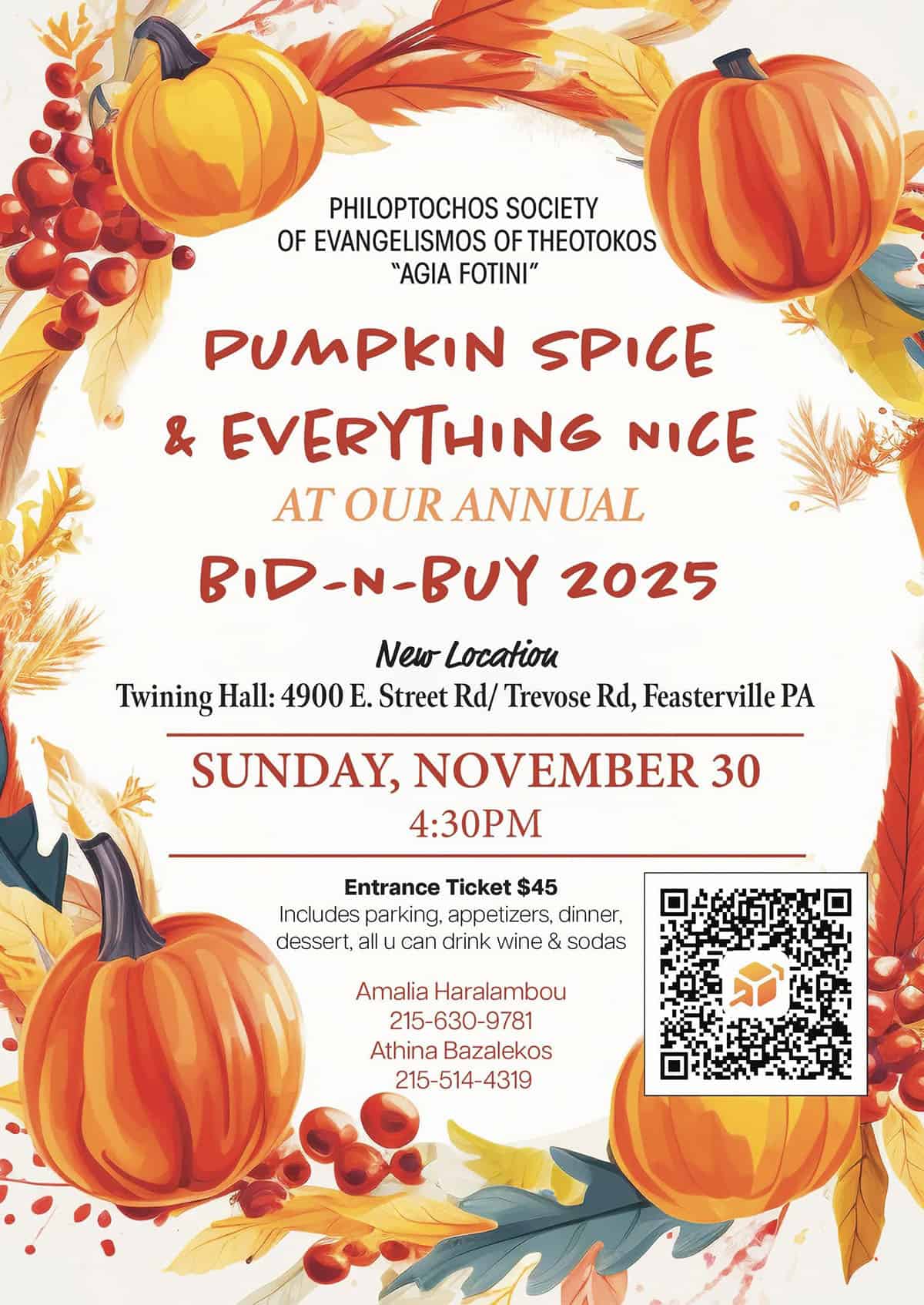 Flyer for the Evangelismos Philoptochos “Pumpkin Spice & Everything Nice” Bid-n-Buy on November 30, 2025 at Twining Hall in Feasterville.