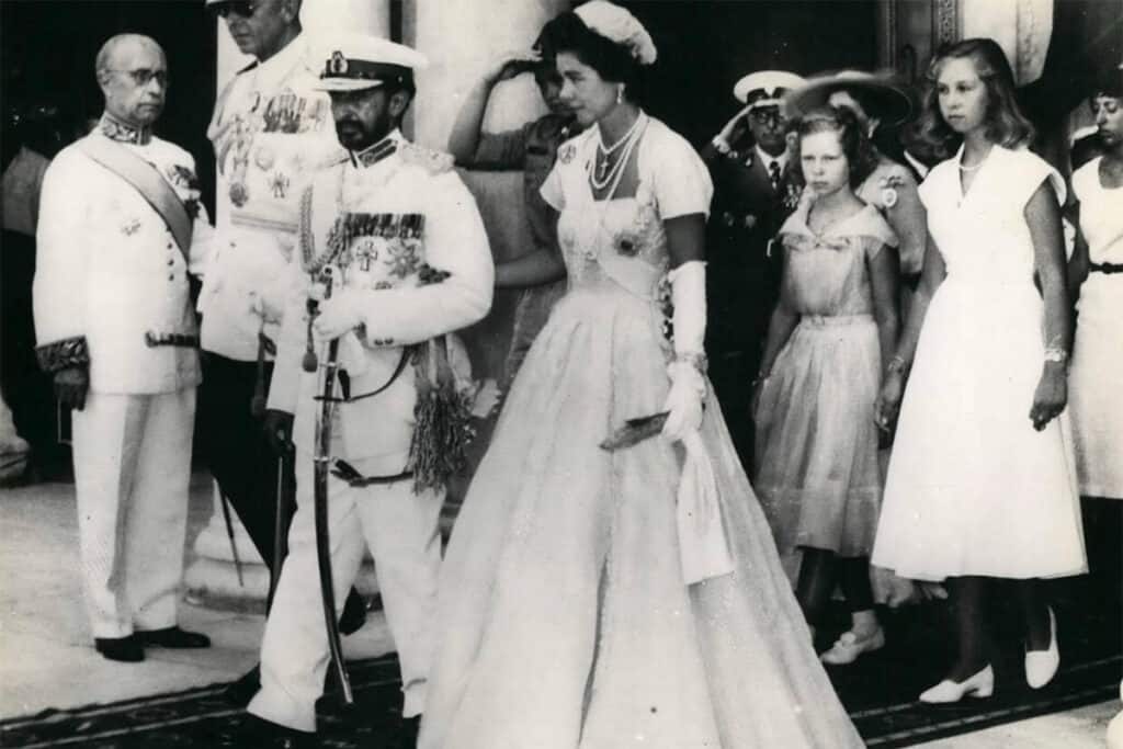 Haile Selassie arriving at the Metropolitan Cathedral in Athens in 1954, accompanied by the Greek royal family.