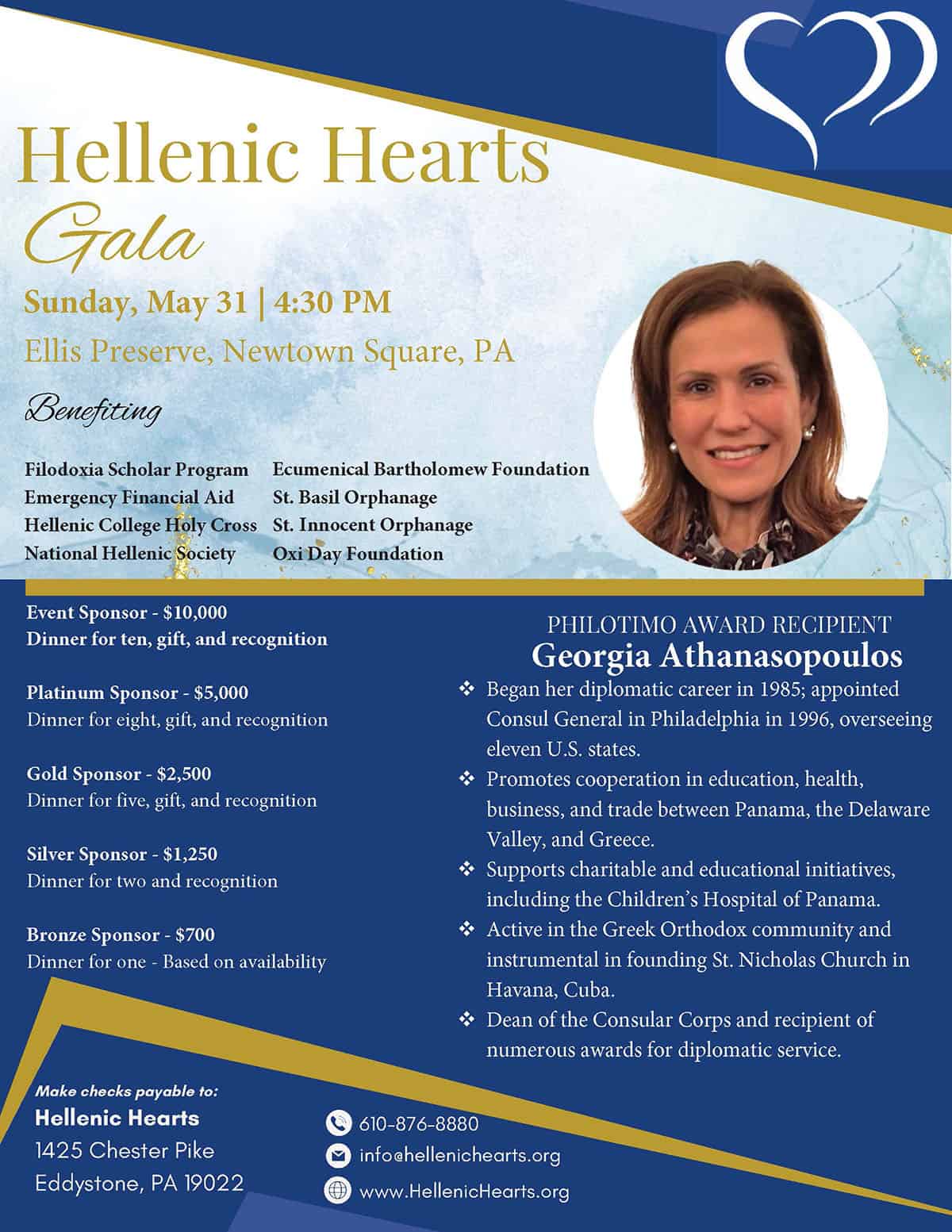 Flyer for the Hellenic Hearts Gala on May 31, 2026, announcing the Philotimo Award for Georgia Athanasopoulos and listing sponsorship levels and beneficiary organizations.