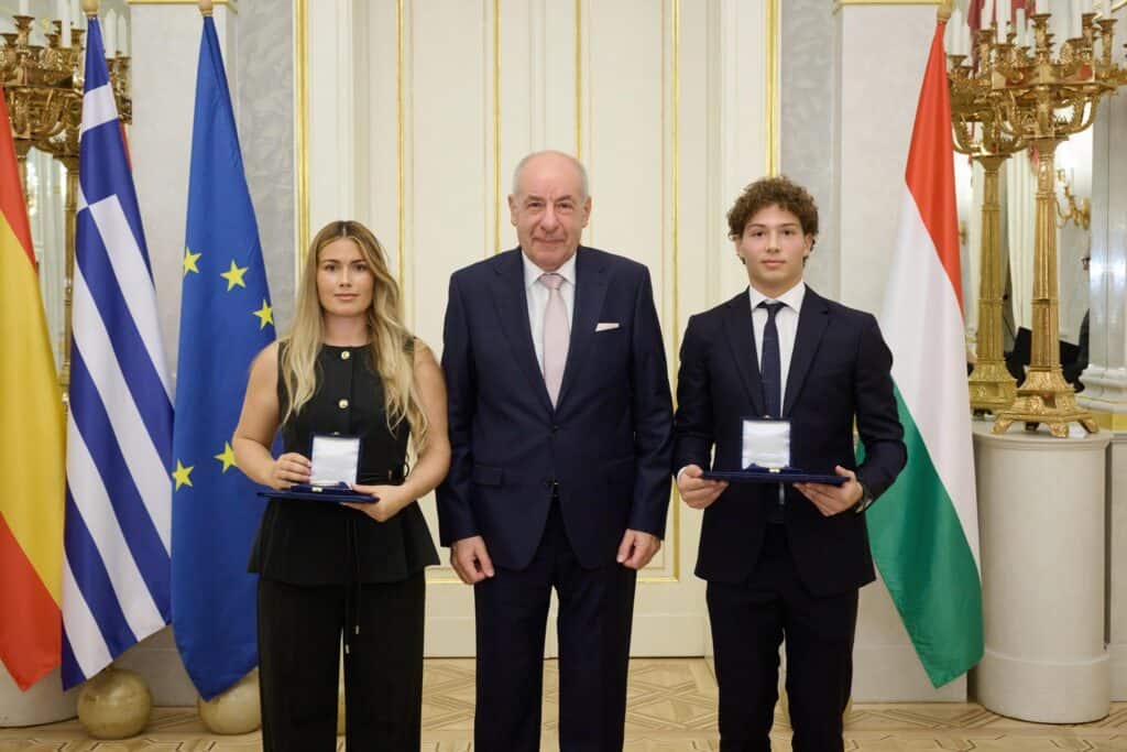 Iset Segura and Anastasios Garipis are awarded the Gold Medal of Honor by Hungary's President Dr. Sulyok Tamás for their July 2025 sea rescue off Epanomi.