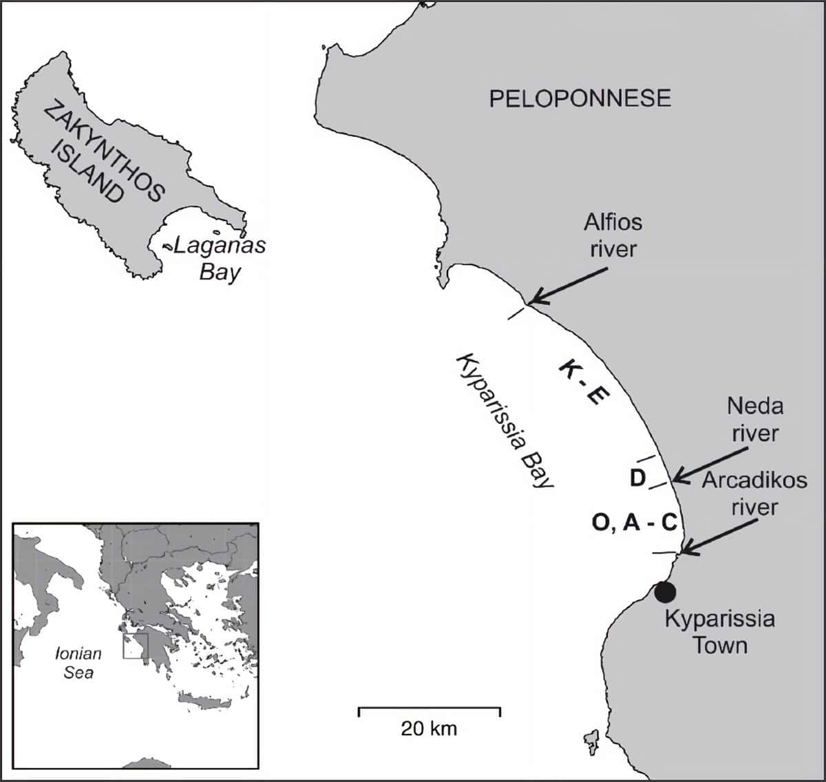 Map showing the nesting areas of loggerhead sea turtles (Caretta caretta) in Kyparissia Bay on the Peloponnese coast and Laganas Bay on Zakynthos Island, Greece.