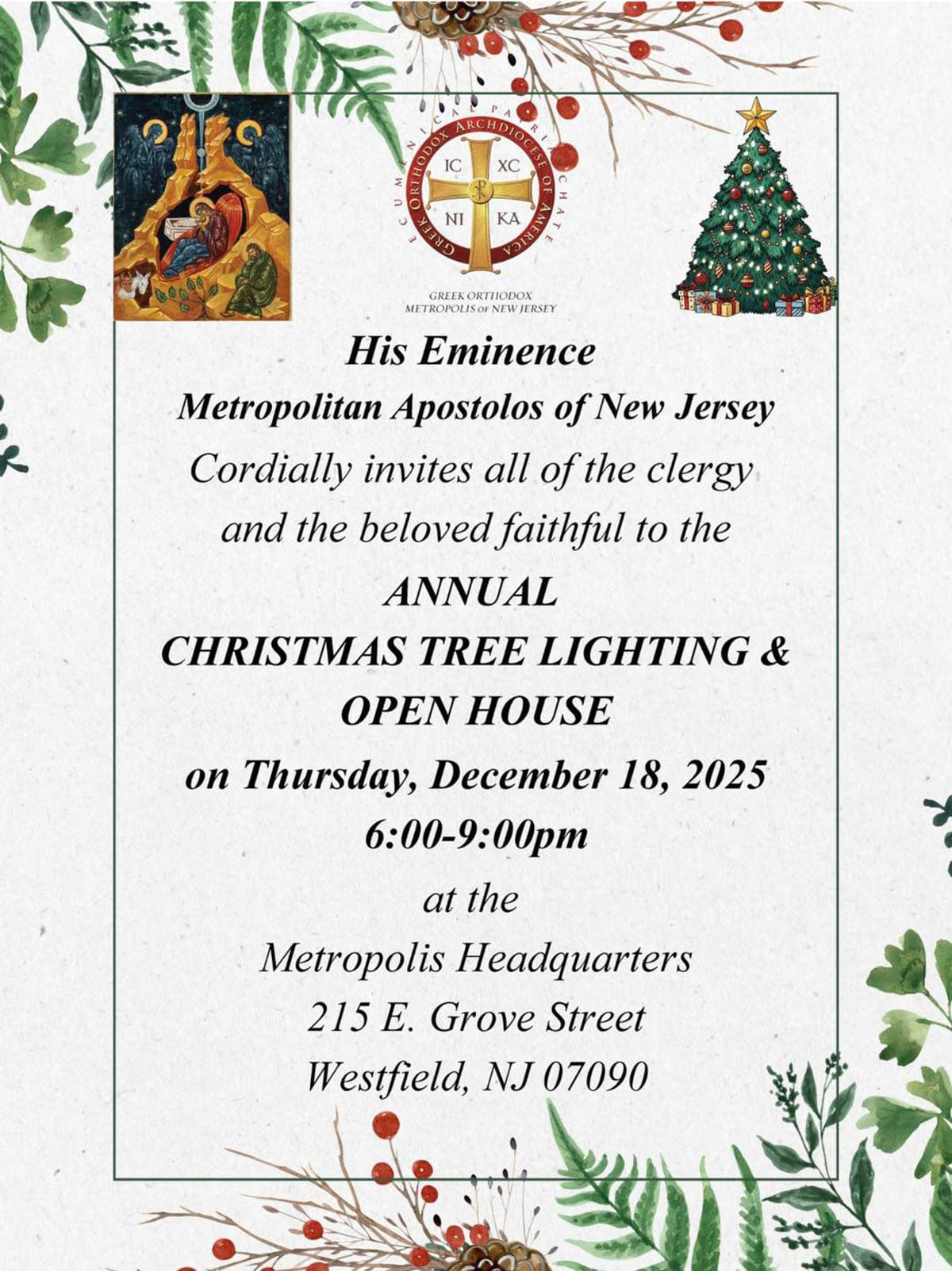 Official flyer for the Metropolis of New Jersey Christmas Tree Lighting and Open House on December 18, 2025.