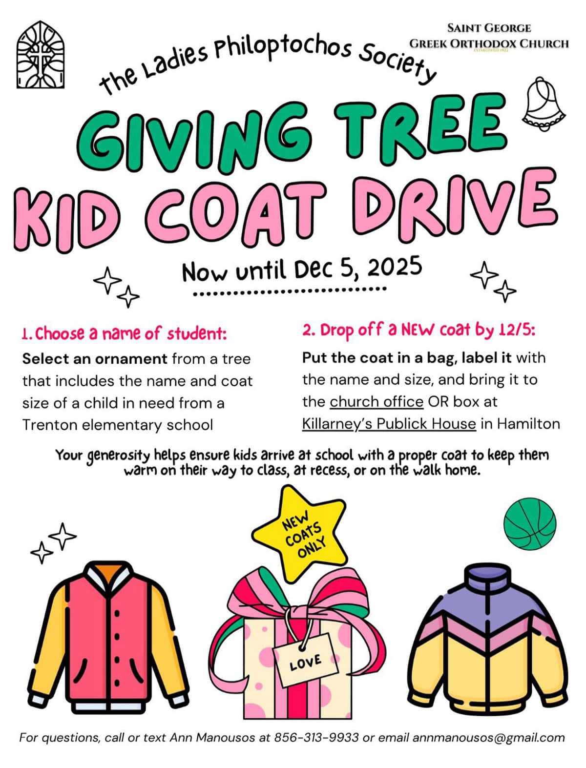 Flyer for the St. George Hamilton, NJ Philoptochos Giving Tree Kid Coat Drive