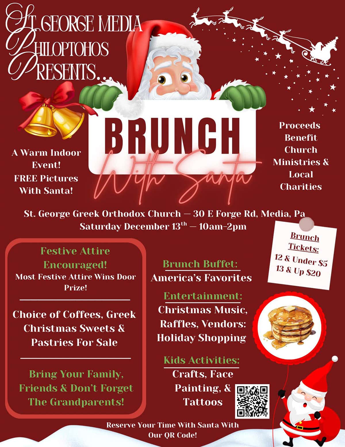 Flyer for Brunch with Santa hosted by St. George Greek Orthodox Church in Media, Pennsylvania