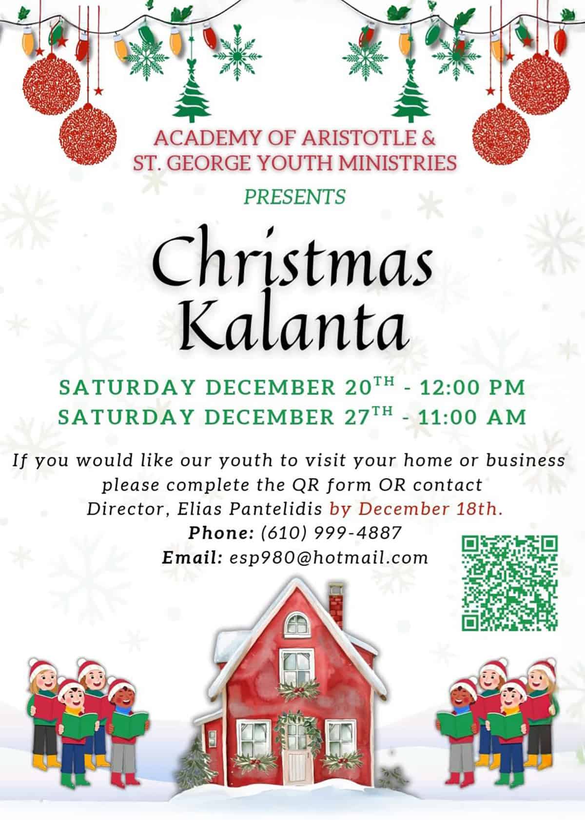 Flyer for St. George Greek Orthodox Church in Media announcing Christmas Kalanta visits on December 20 and 27, organized by the Academy of Aristotle and St. George Youth Ministries.