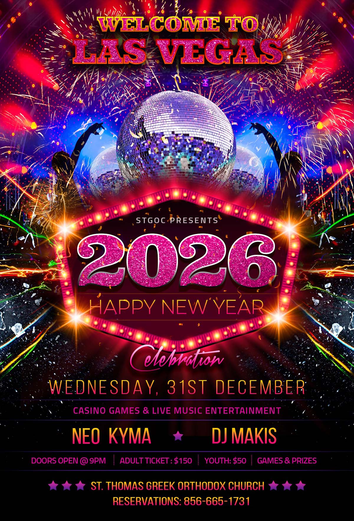 Flyer for St. Thomas Greek Orthodox Church casino-themed New Year’s Eve 2026 celebration.