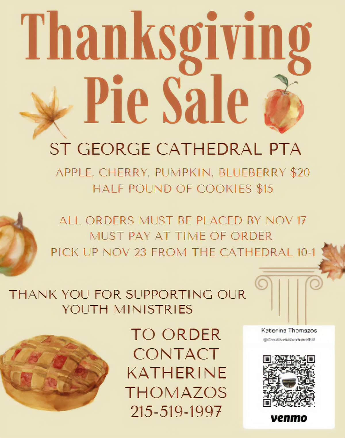 Flyer for St. George Cathedral PTA Thanksgiving Pie Sale