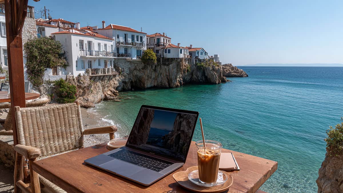 Laptop and iced coffee on a wooden table at a seaside café in Greece, overlooking turquoise water and whitewashed cliffside houses