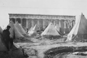 Greek refugees living in tents near the Parthenon in Athens in 1922–1923.