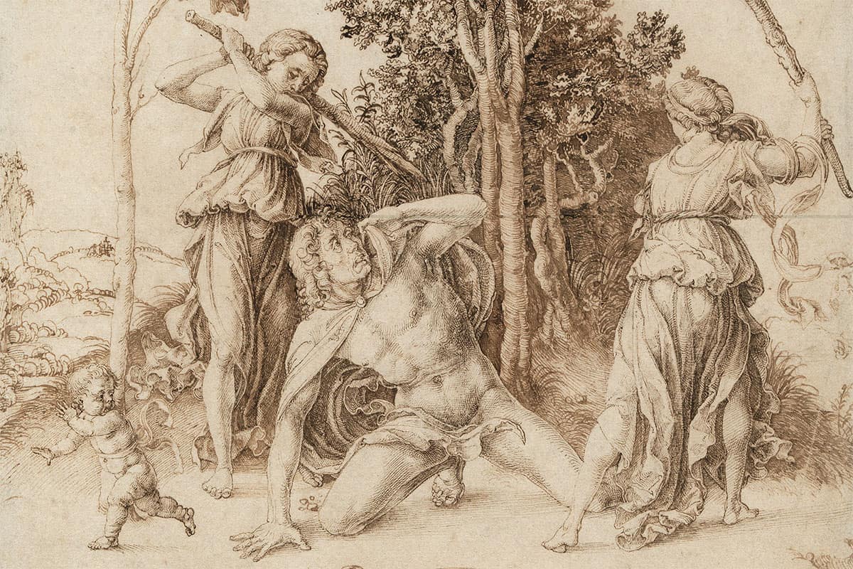 Engraving depicting the death of Orpheus from Greek mythology.