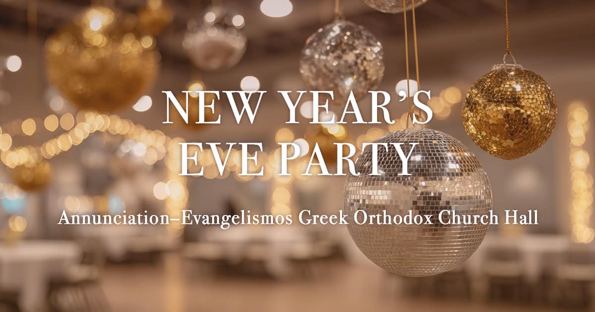 Festive indoor scene with gold and silver disco balls.