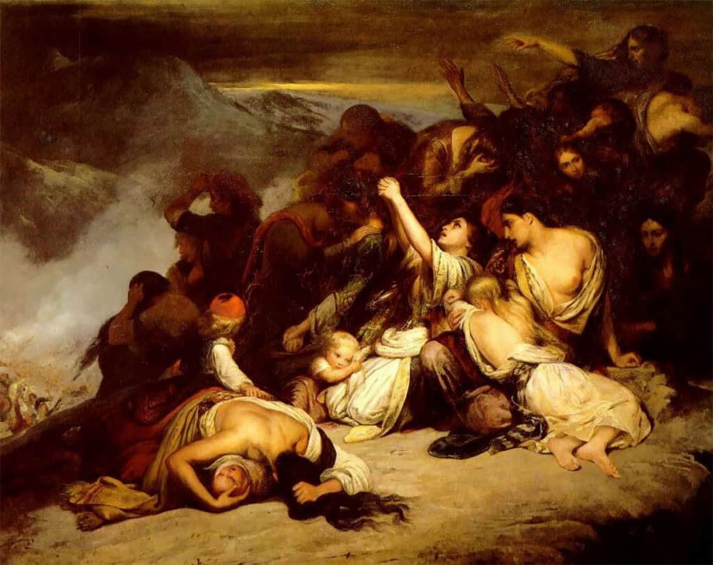 Ary Scheffer’s 1827 painting of the Souliot women preparing to leap from the rocks at Zalongo during their flight from Ali Pasha’s forces.