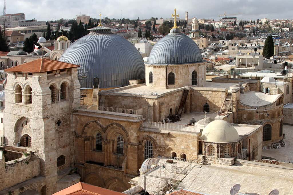 The domes of the Church of the Holy Sepulchre rising above Jerusalem’s Old City.