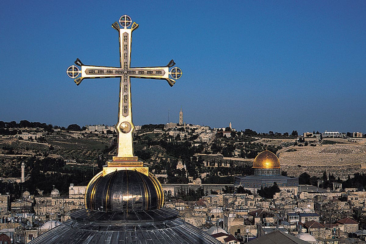 The Golgotha Crucifix above the catholicon of the Church of the Holy Sepulchre in Jerusalem.