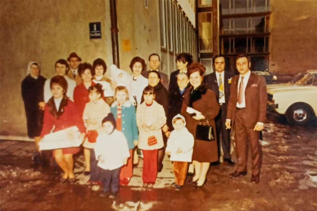 The family of Christos and Evangelia Hardalupa with relatives and friends at the christening of their daughter Johanna in Munich, 1965.