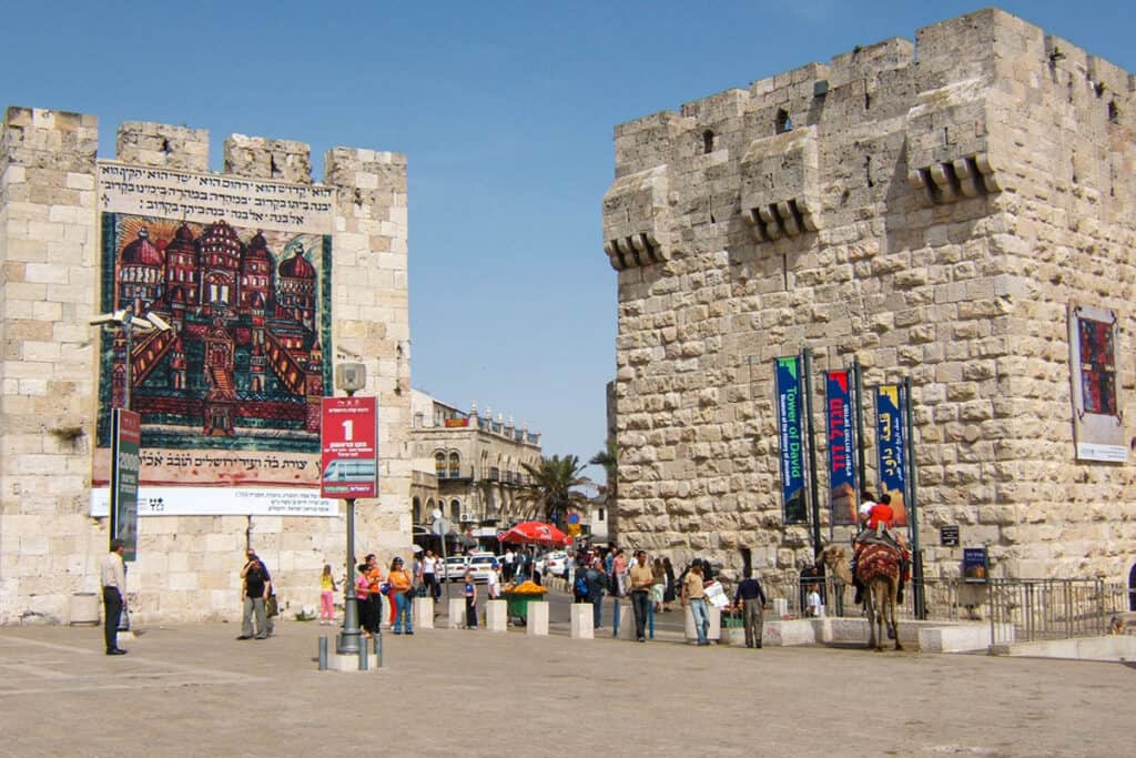 People walking near Jaffa Gate at the western entrance to Jerusalem’s Old City.