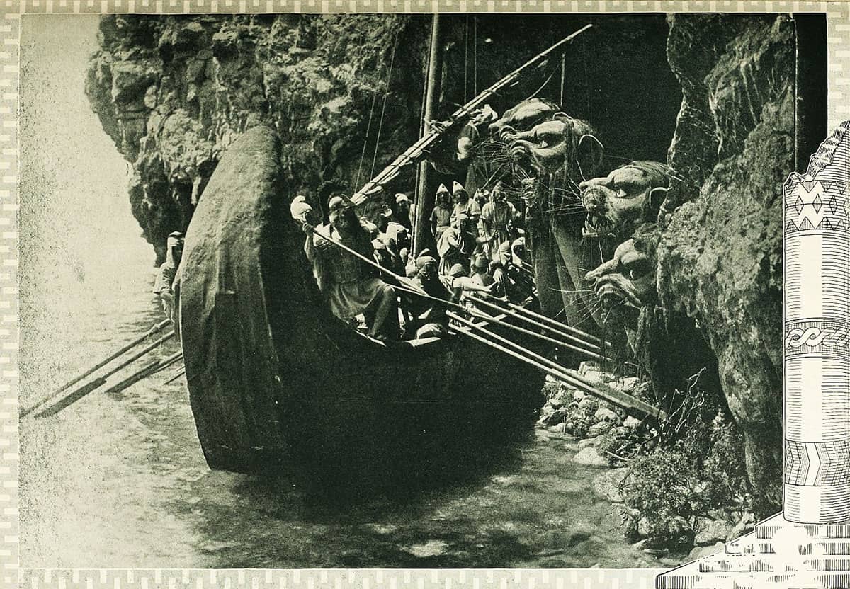 Scene from the 1911 silent film L’Odissea depicting Odysseus’s ship passing between Scylla and Charybdis using early cinematic special effects.