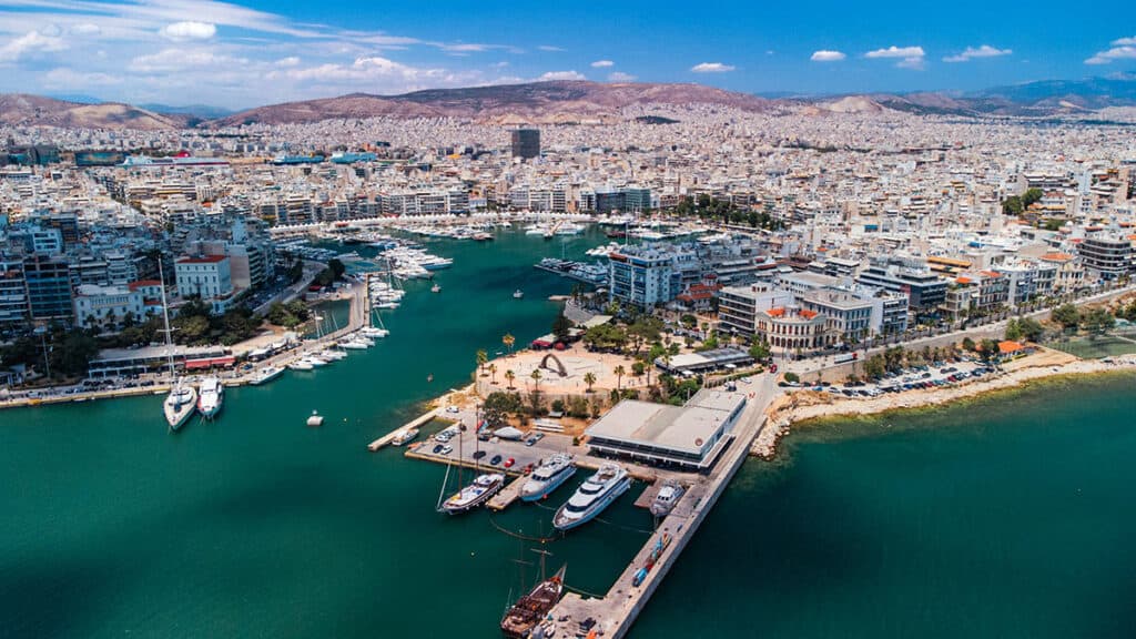 Aerial view of Piraeus Harbor in Greece, one of the world’s major centers of commercial shipping.