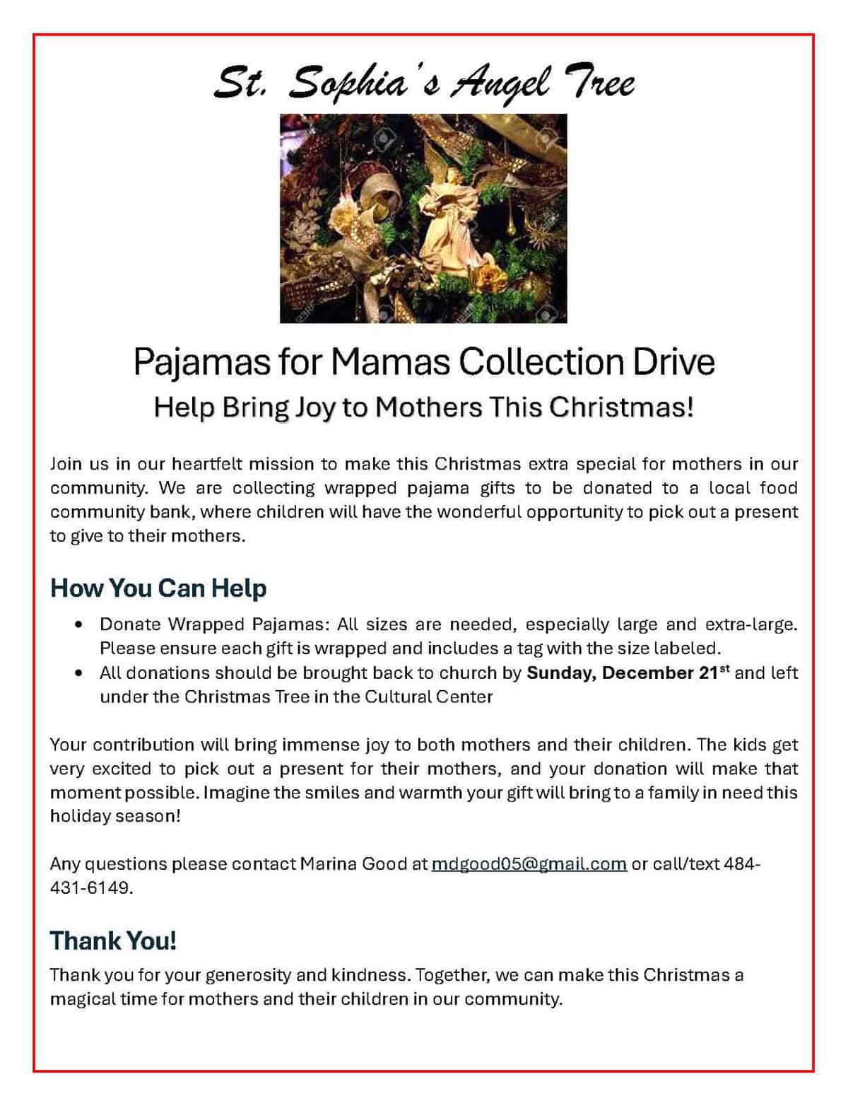 St. Sophia’s Angel Tree flyer for the Pajamas for Mamas Christmas donation drive.