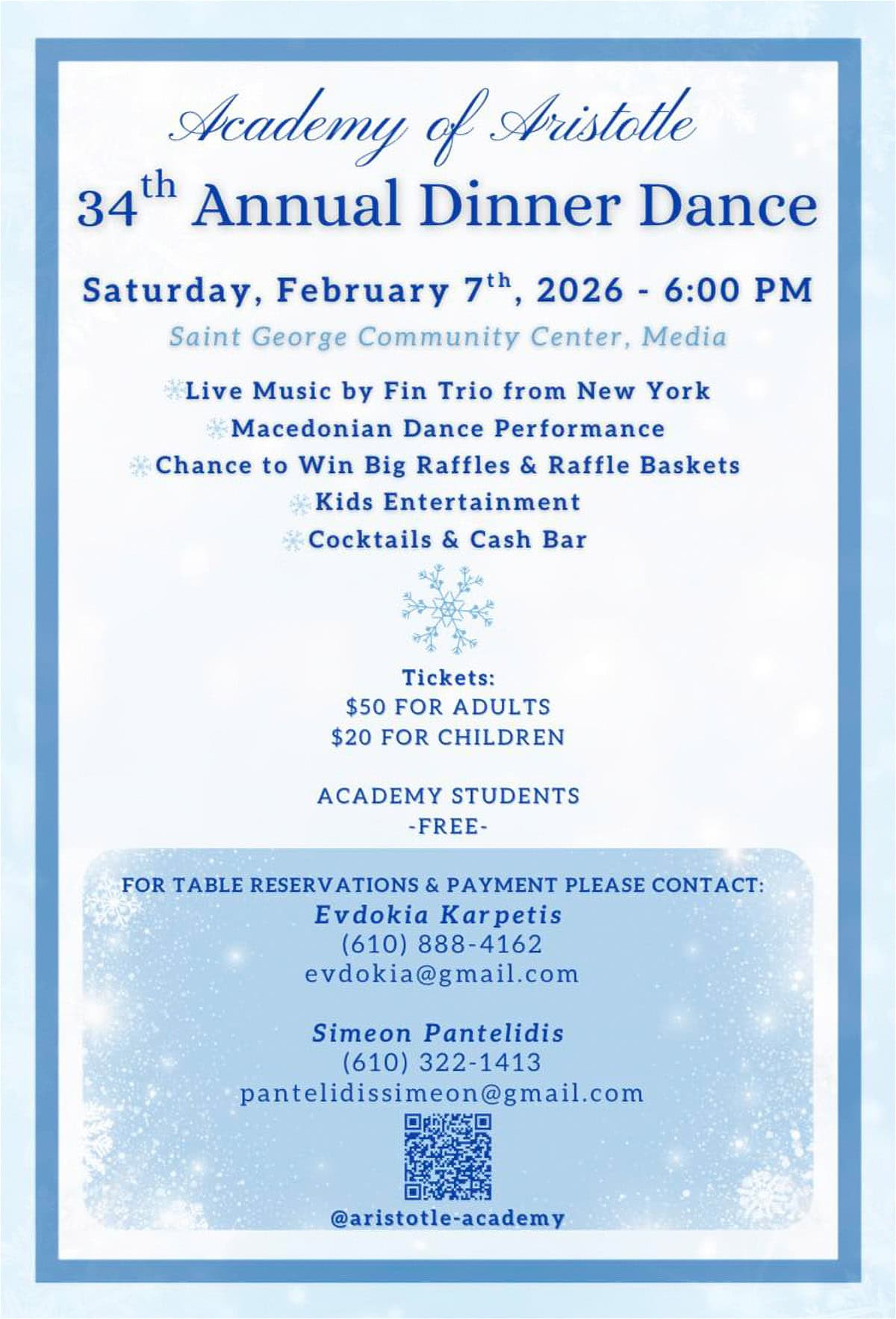 Flyer for the Academy of Aristotle’s 34th Annual Dinner Dance, February 7, 2026, at the Saint George Community Center in Media, Pennsylvania.